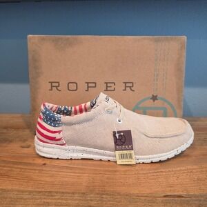 Roper Womens Loafers‎ Hang Loose Tan American Flag Patriotic Canvas Shoes 10.5